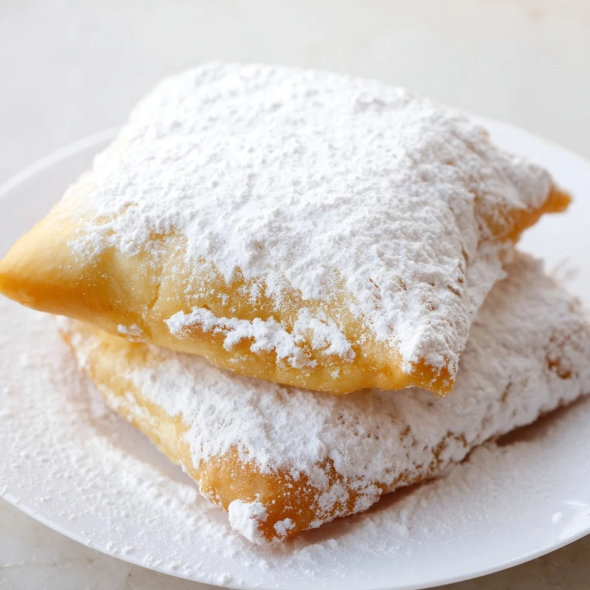 Golden, powdered sugar-dusted Mardi Gras Fried Dough squares piled high on a festive plate.