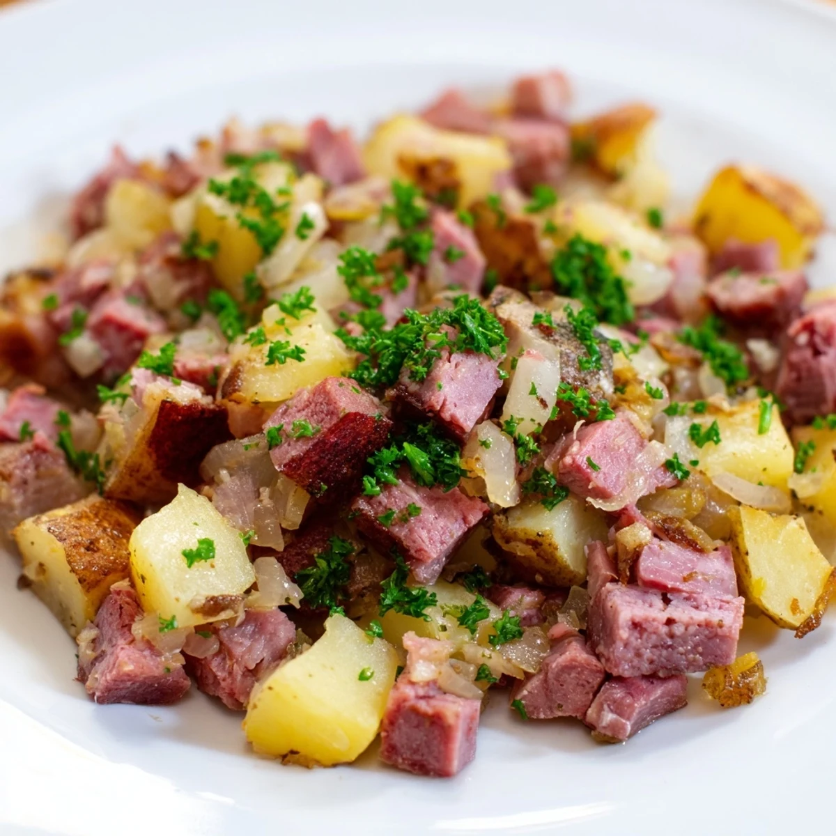 Crispy golden potatoes and tender corned beef hash topped with a sunny fried egg in a cast iron skillet.