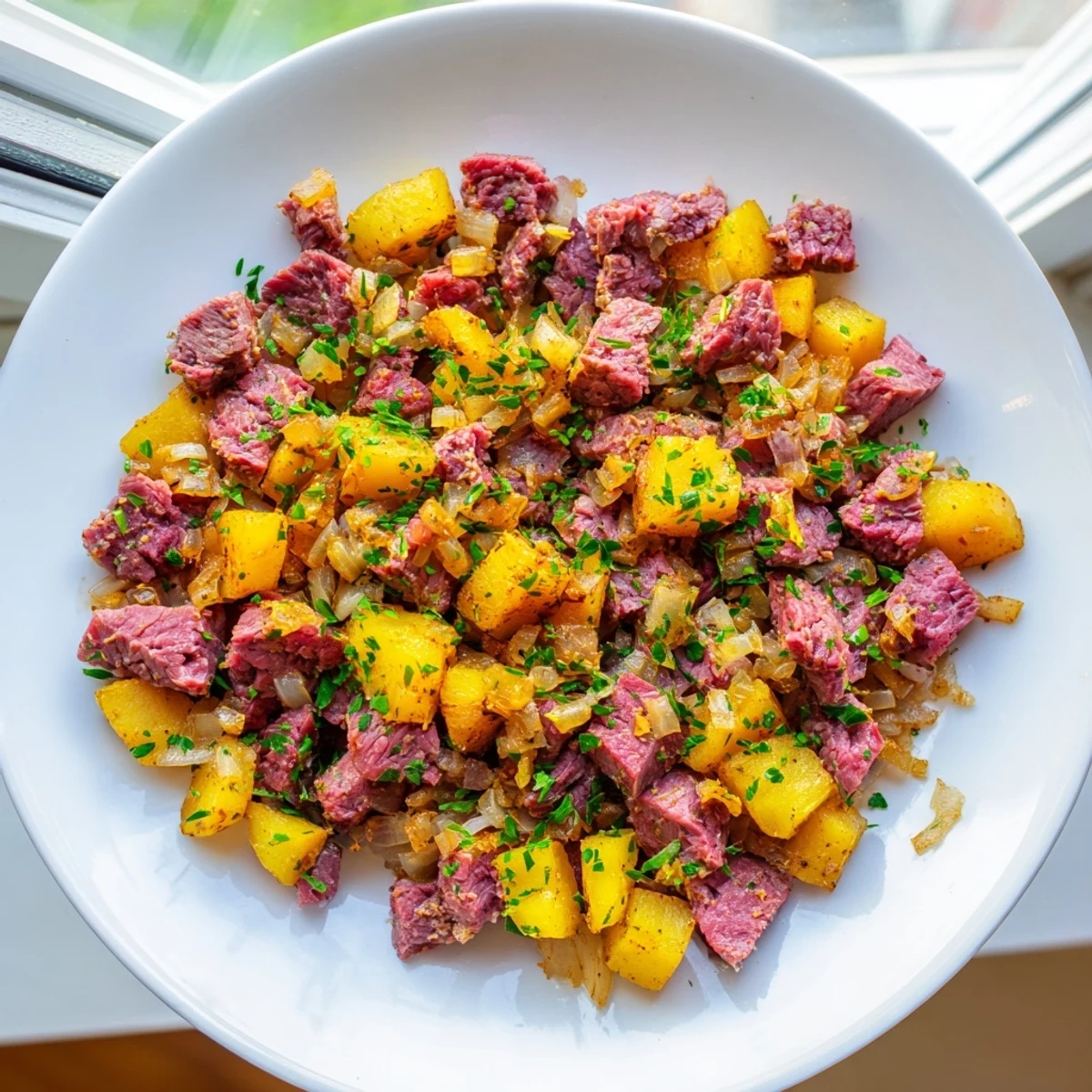 Rustic skillet of Corned Beef Hash with crispy potatoes, sautéed onions, and fresh parsley served with hot sauce.