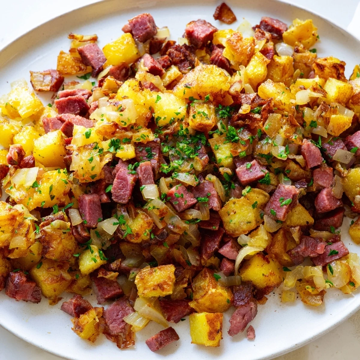 Sizzling Corned Beef Hash with golden crispy potatoes and onions, garnished with parsley and served for brunch.
