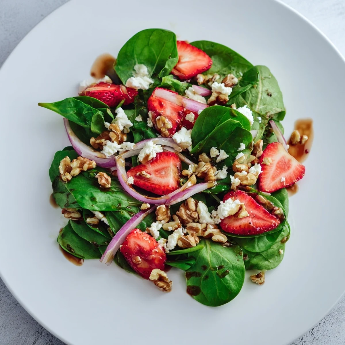 Fresh baby spinach leaves topped with sweet sliced strawberries and chopped walnuts, drizzled with tangy balsamic vinaigrette.