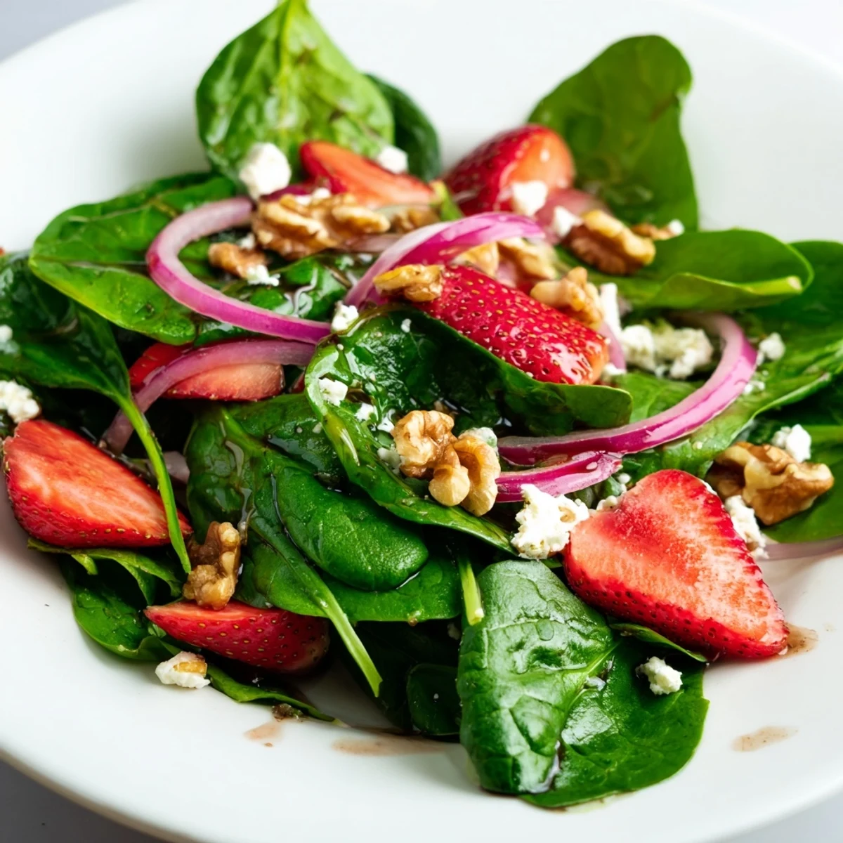 A vibrant bowl of Strawberry Spinach Salad with Walnuts ready for a light summer lunch, featuring creamy feta crumbles.