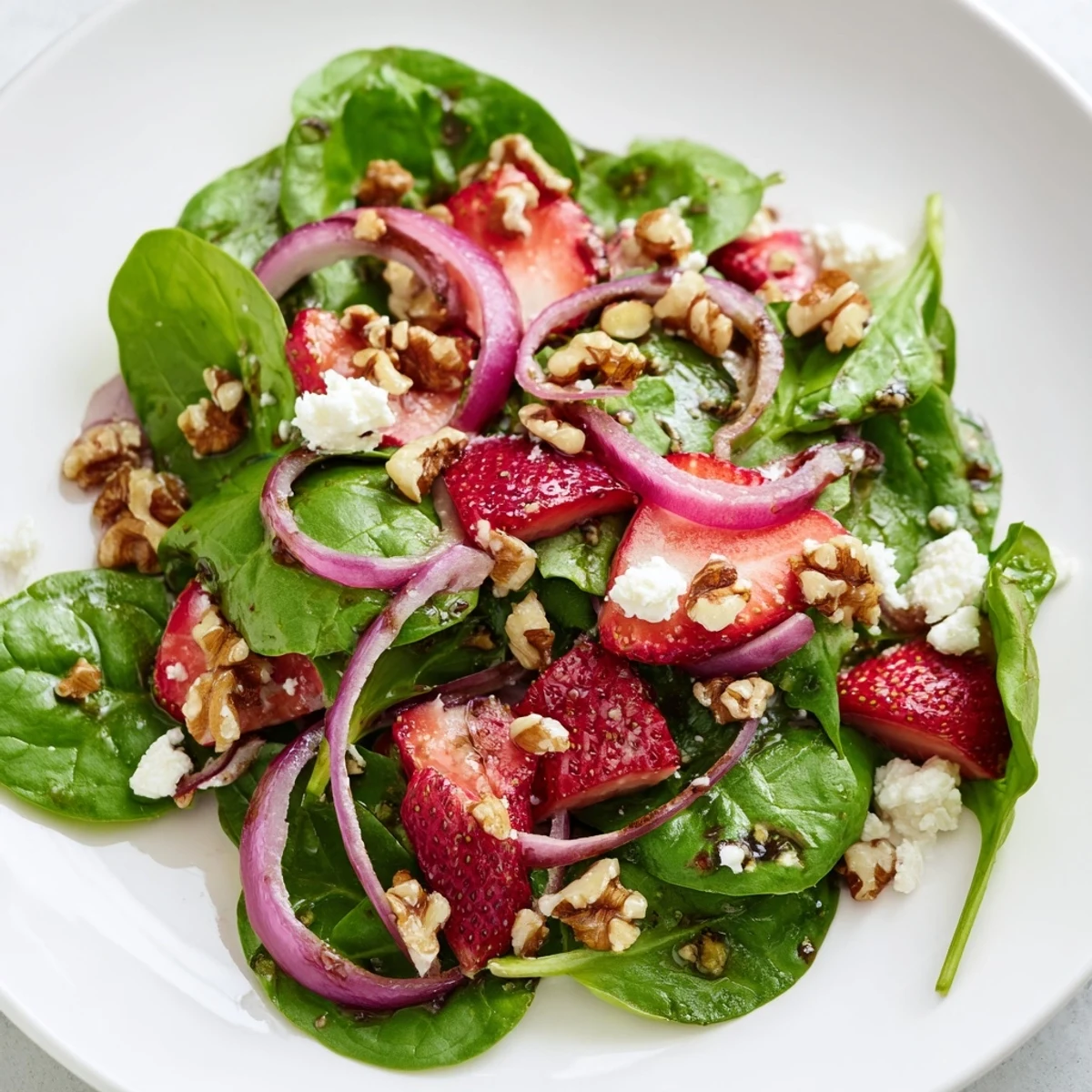 Close-up of a refreshing Strawberry Spinach Salad with Walnuts, tossing red onions and strawberries with a honey-Dijon dressing.