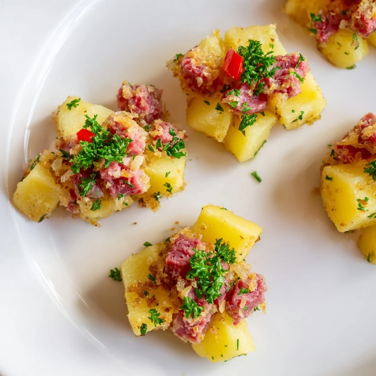 Golden crispy potatoes and savory diced corned beef sizzle in a skillet for a hearty Corned Beef Hash with Potatoes.