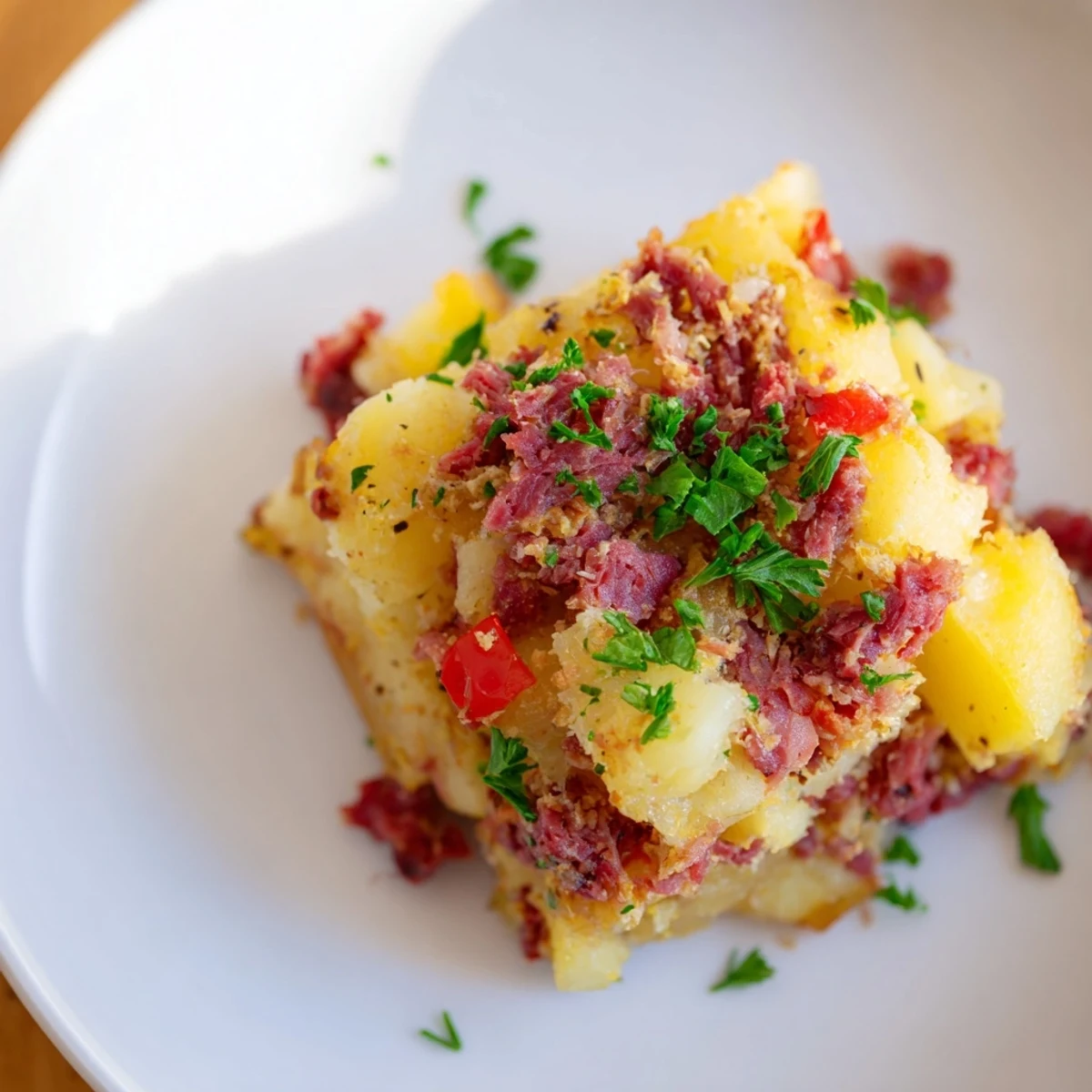 Rustic cast-iron skillet serving Corned Beef Hash with Potatoes alongside toast, perfect for an American-style brunch.