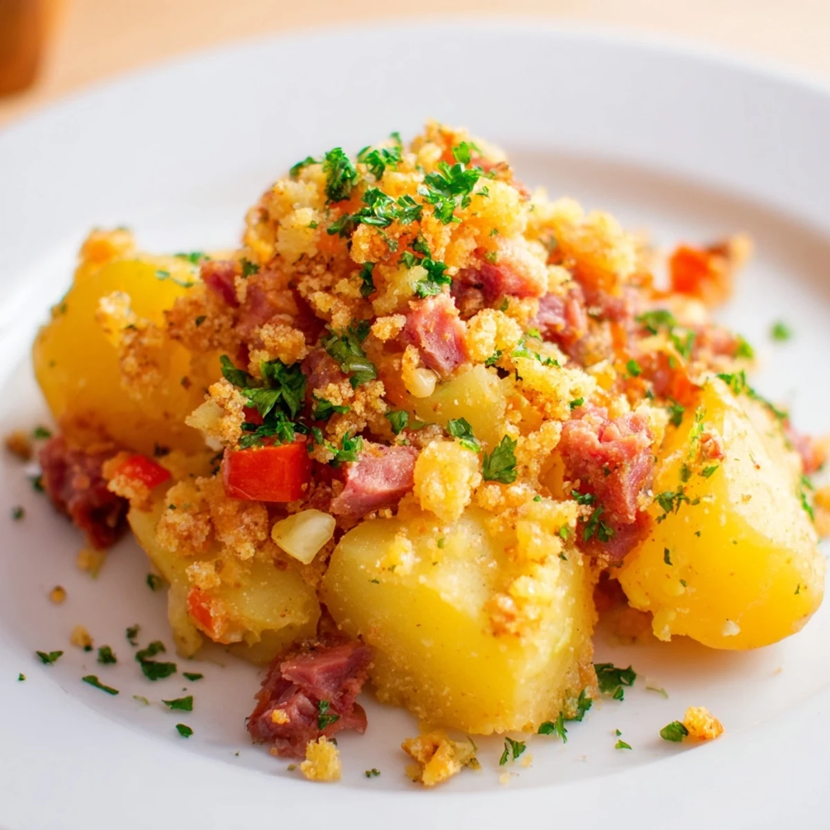 A close view of Corned Beef Hash with Potatoes, topped with a sunny-side-up egg and fresh parsley garnish.