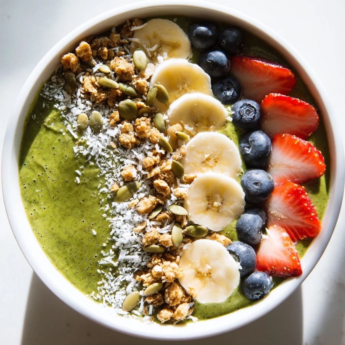 A close-up of a Green Smoothie Bowl with Toppings, featuring a thick green blend topped with sliced banana and fresh berries.