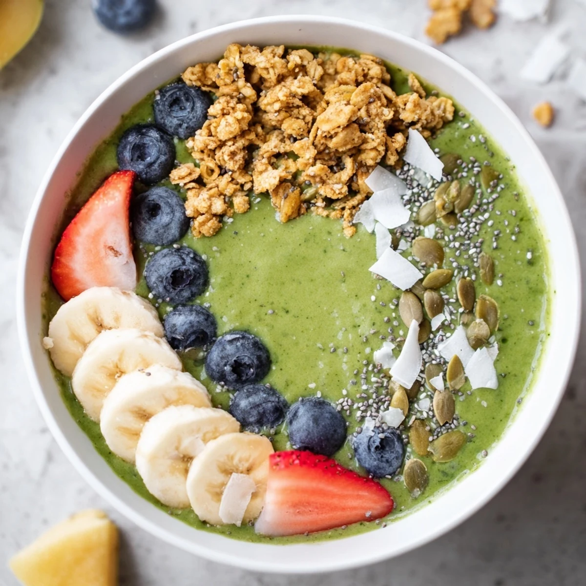 A vibrant Green Smoothie Bowl with Toppings served in a white bowl, showcasing creamy texture and colorful fresh fruit toppings.
