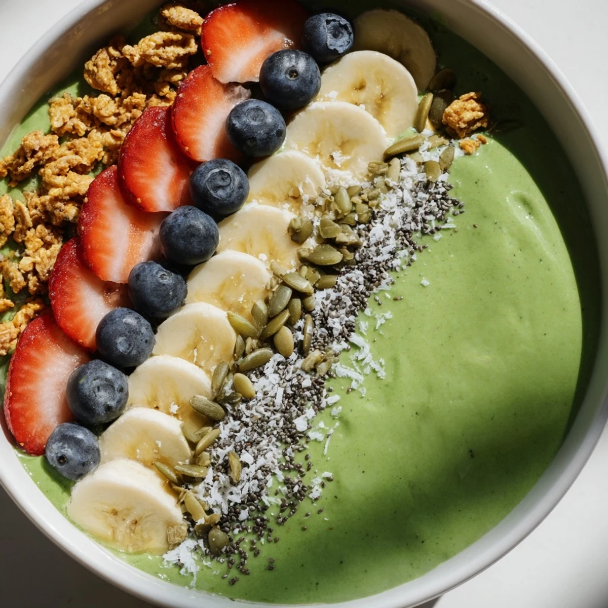 Overhead view of a Green Smoothie Bowl with Toppings, garnished with crunchy granola, coconut flakes, and pumpkin seeds for breakfast.
