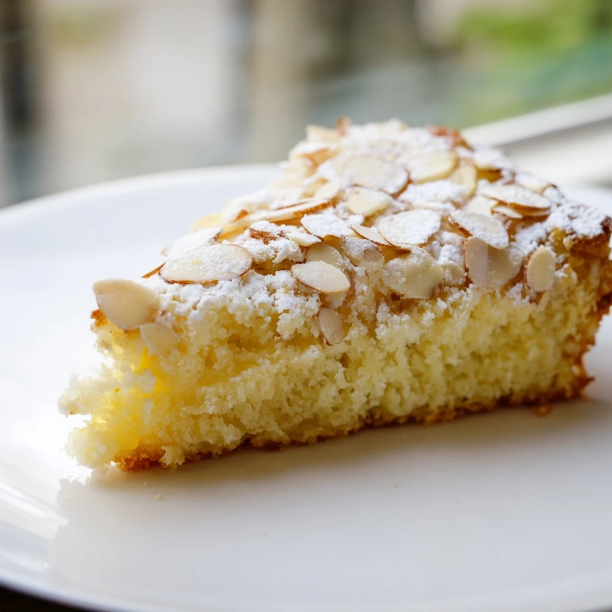 A moist slice of Lemon Ricotta Cake with Almonds, dusted with powdered sugar and garnished with fresh berries for a bright dessert.
