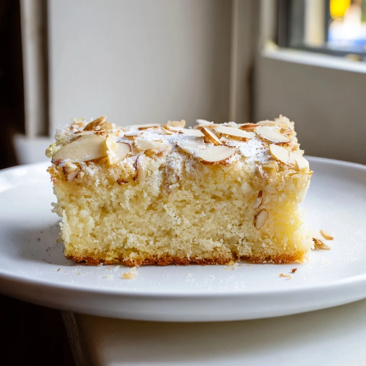 Lemon Ricotta Cake with Almonds on a rustic plate, topped with toasted almonds and a delicate lemon zest for an Italian treat.