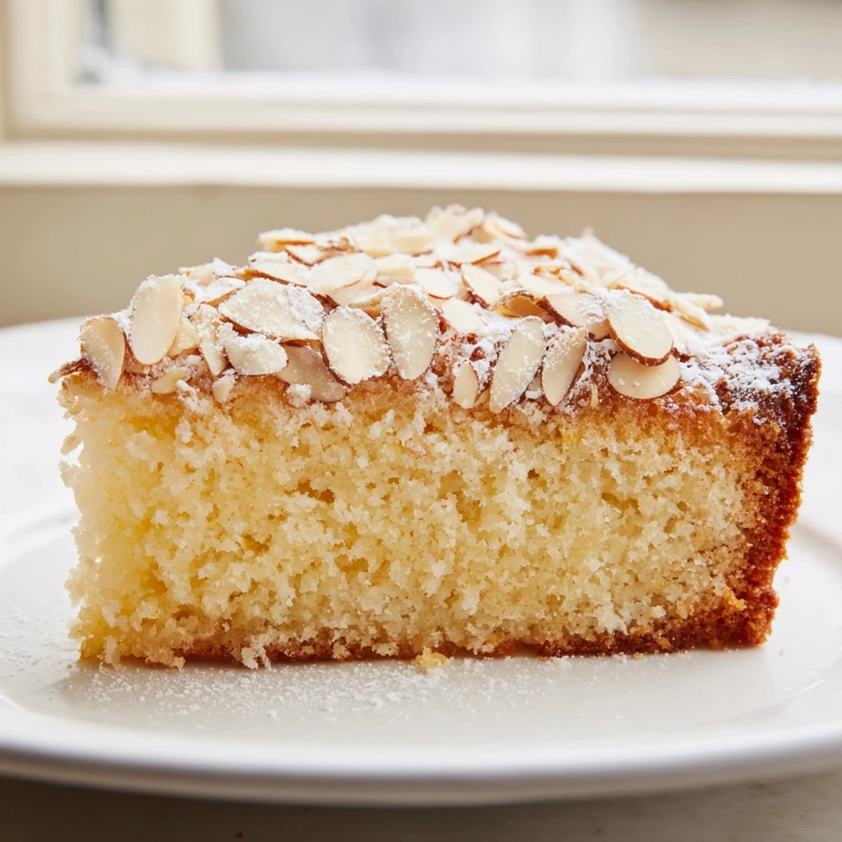 A tender slice of Lemon Ricotta Cake with Almonds, paired with tea and a dollop of whipped cream, showcasing a golden crumb.
