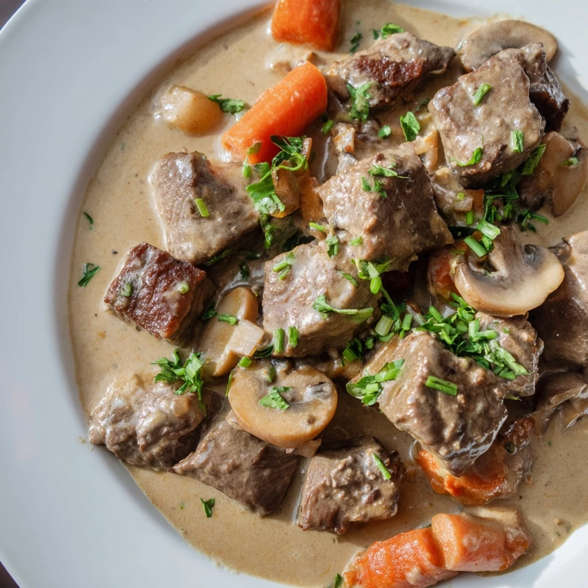 Garnished Lemongrass Coconut Braised Beef with Mushrooms served hot with cilantro and lime wedges.