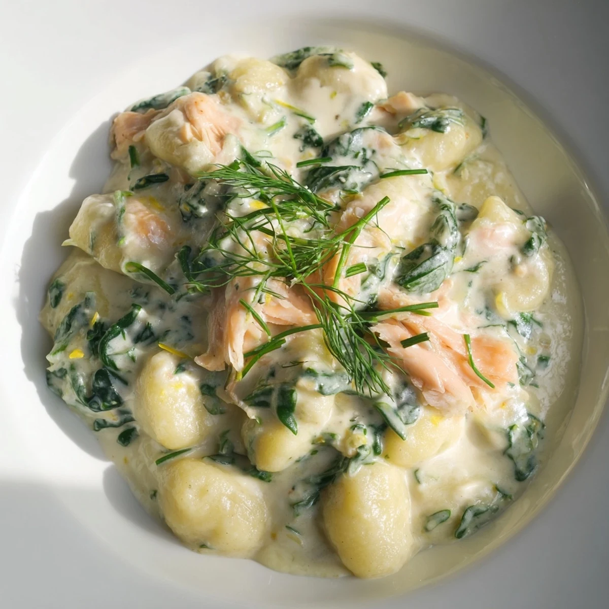 Fork-tender gnocchi with silky smoked salmon and fresh dill in a light lemon cream sauce.