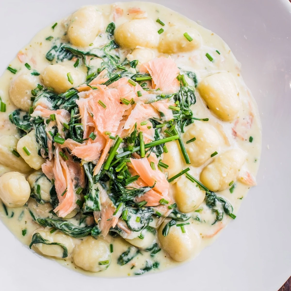 Creamy gnocchi tossed with smoked salmon, wilted spinach, and chives served with lemon wedges.