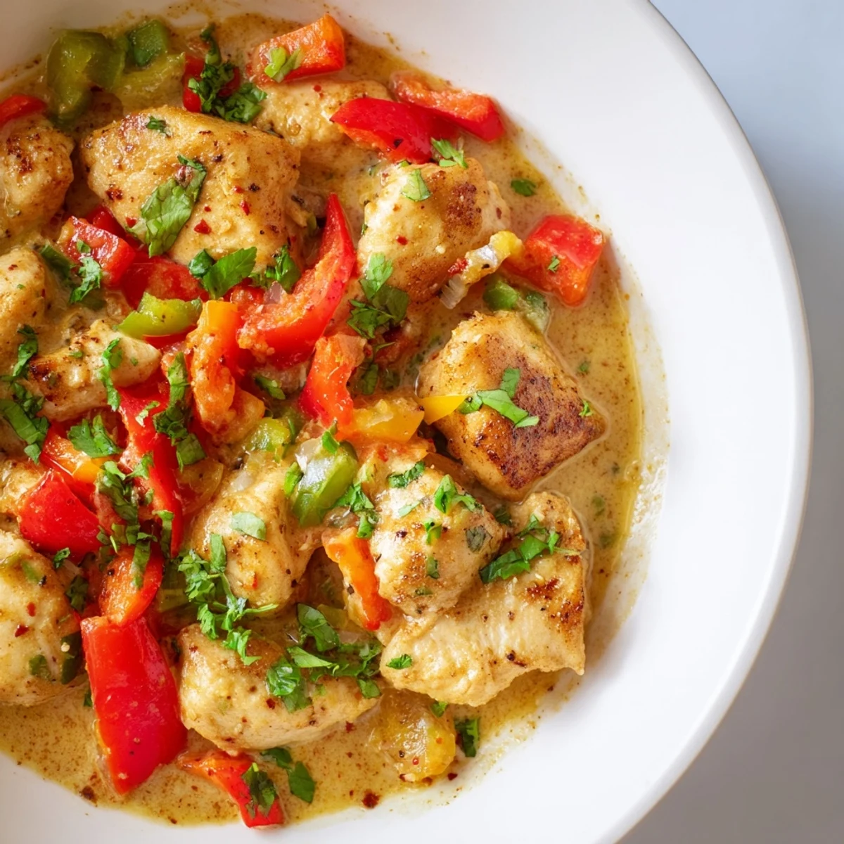 Tender Brazilian Coconut Chicken in a creamy coconut sauce garnished with cilantro, served over white rice in a rustic bowl.