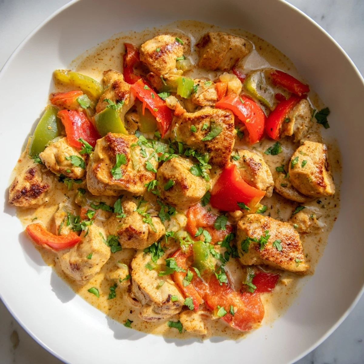 A steaming skillet of Brazilian Coconut Chicken reveals golden chicken thighs and colorful bell peppers in a rich, aromatic sauce.