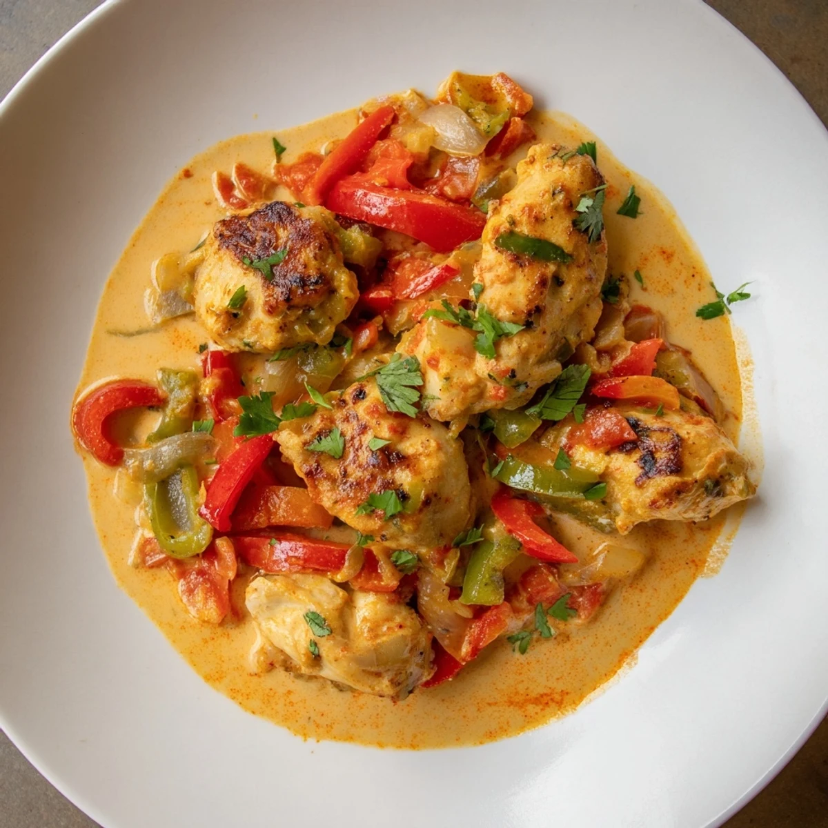 Close-up of Brazilian Coconut Chicken with a drizzle of lime juice, fresh cilantro, and a spoon ready to serve.