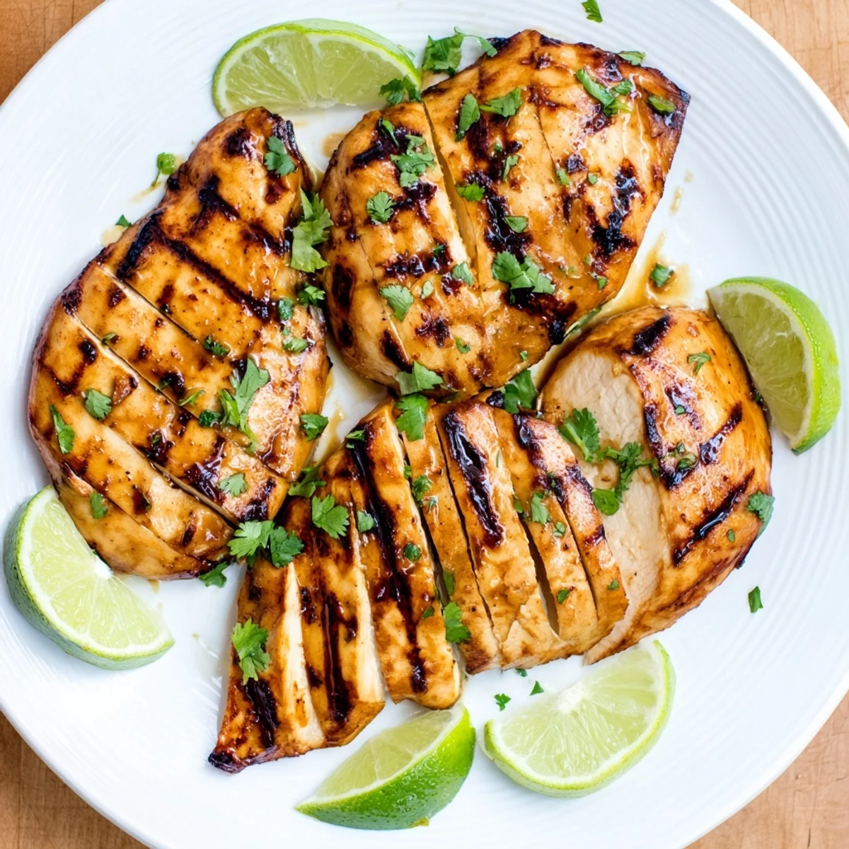 Four juicy grilled chicken breasts glazed with the aromatic Spicy Honey Lime Chicken marinade, topped with fresh cilantro and lime wedges.