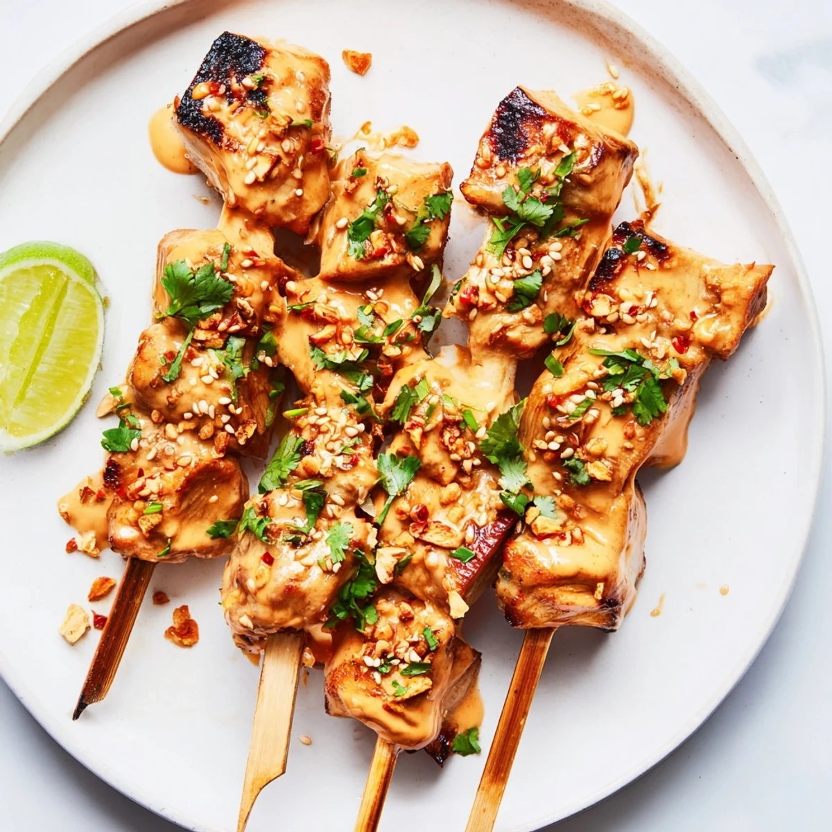 Golden-brown Bang Bang Chicken Skewers fresh off the grill, drizzled with creamy white Bang Bang sauce and garnished with fresh cilantro and sesame seeds.