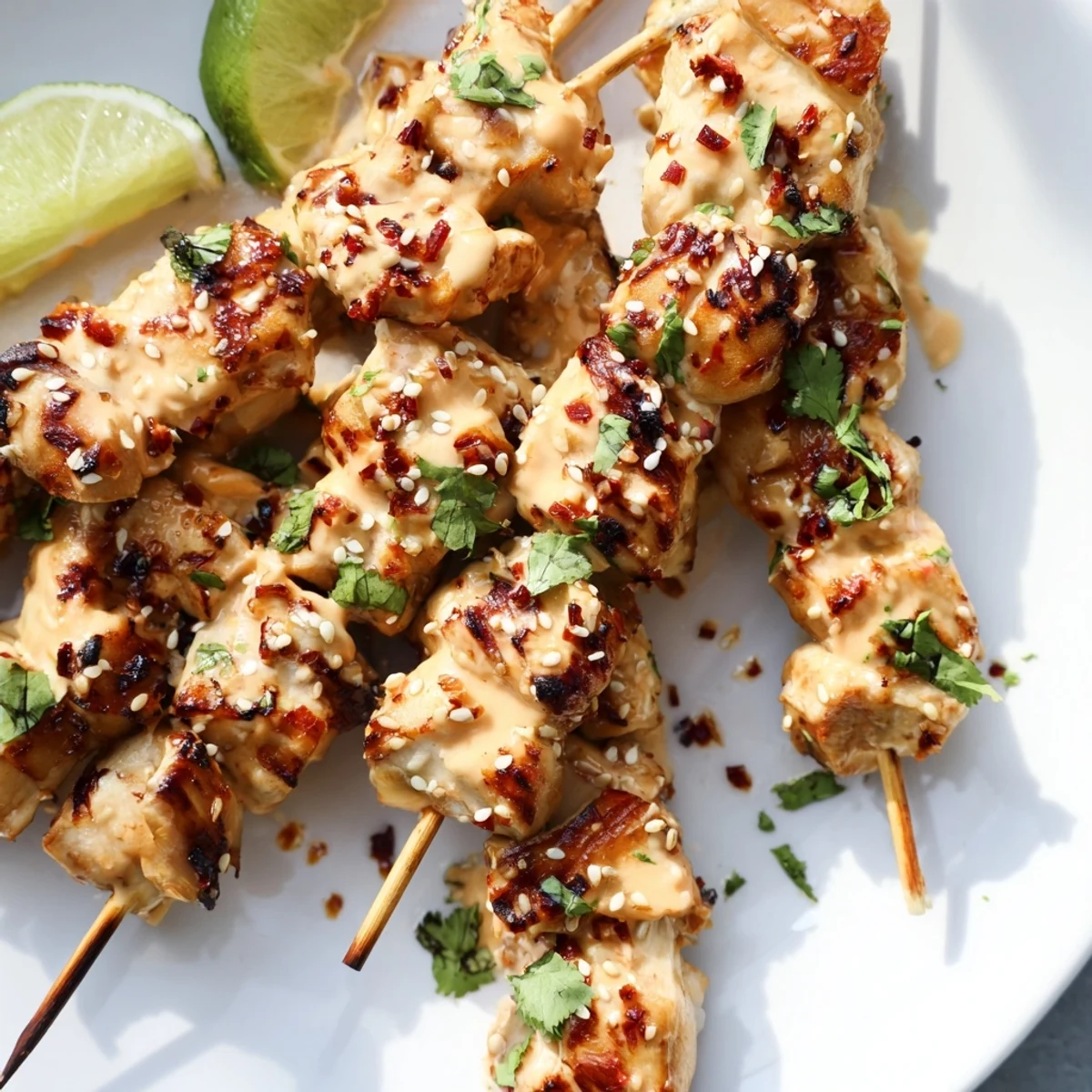Close-up of juicy Bang Bang Chicken Skewers stacked on a plate, highlighting the creamy orange sauce and vibrant green scallion garnish.