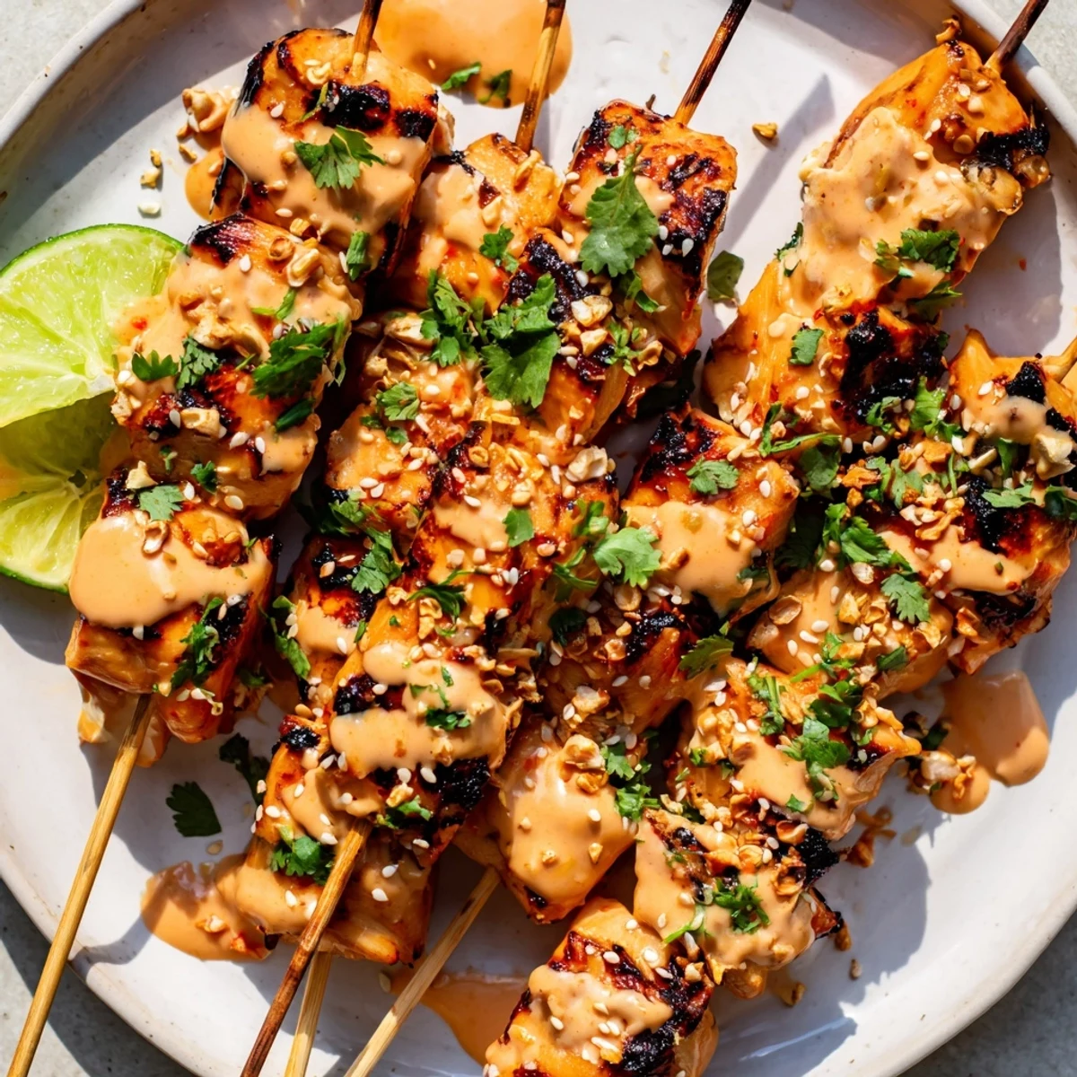 Tender grilled Bang Bang Chicken Skewers on a platter with lime wedges, showcasing a spicy-sweet glaze and charred edges for a summer barbecue.