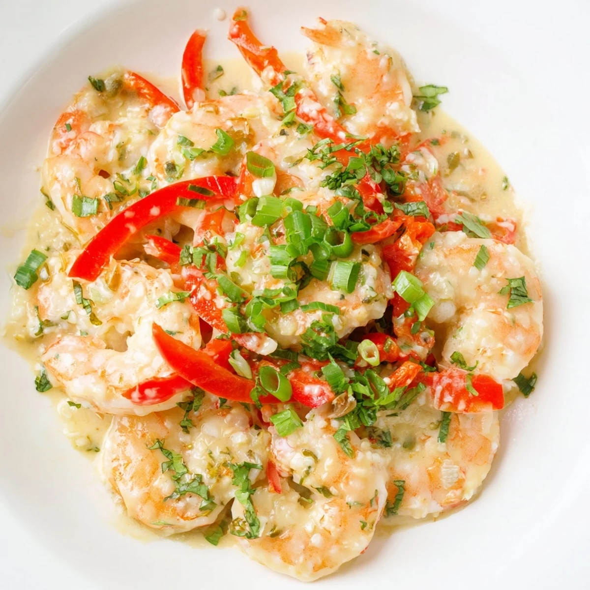 Brightly lit photo of Garlic Shrimp in Coconut Milk served over fluffy jasmine rice, garnished with fresh cilantro and lime wedges.