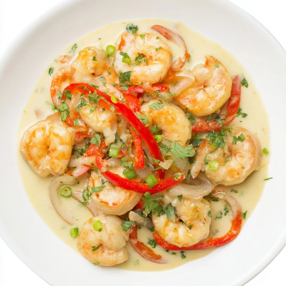 Close-up view of Garlic Shrimp in Coconut Milk showcasing plump shrimp coated in a creamy, aromatic sauce with red bell pepper strips.