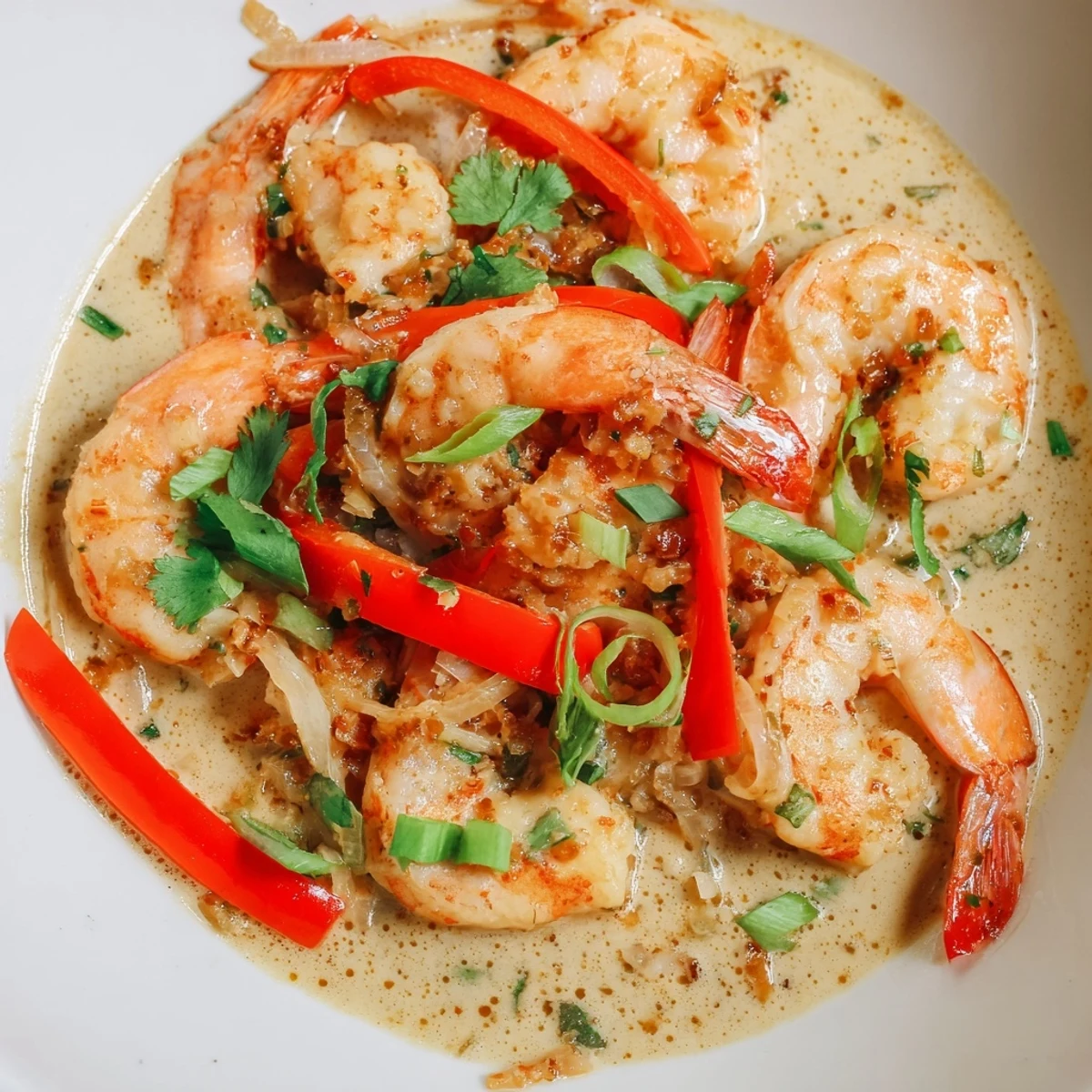 Garlic Shrimp in Coconut Milk plated on a white dish, with steam rising and a sprinkle of green onions for extra flavor.