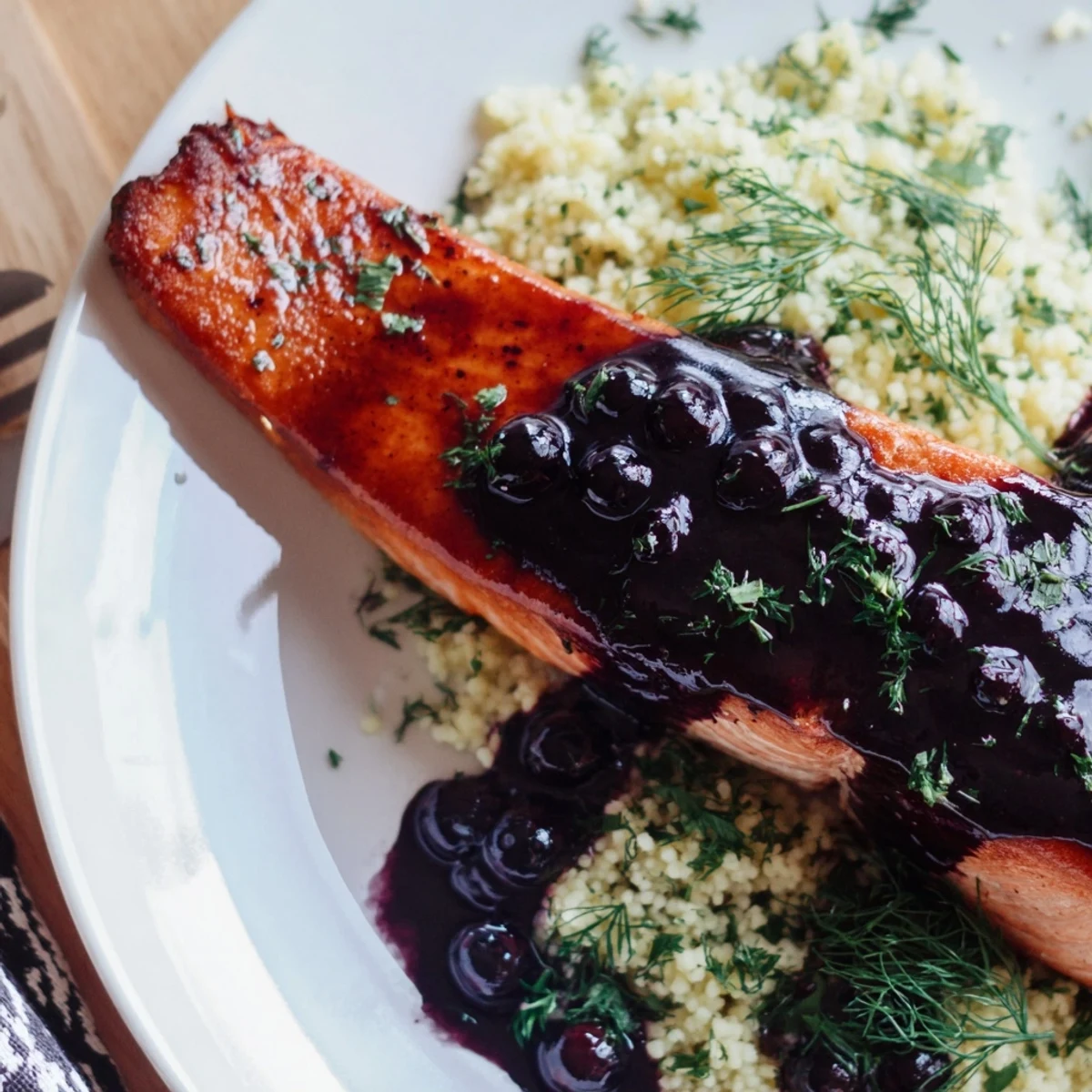 Flaky salmon fillet with blueberry glaze and fluffy lemon herb couscous on a white plate for a healthy dinner.