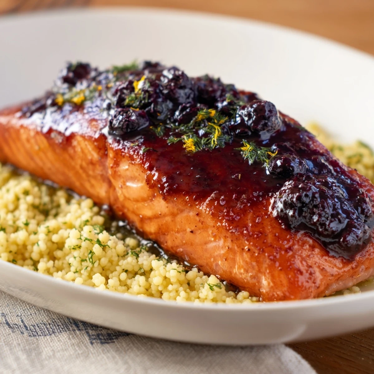 Individually plated blueberry glazed salmon next to herb-flecked couscous with a drizzle of tangy berry reduction.