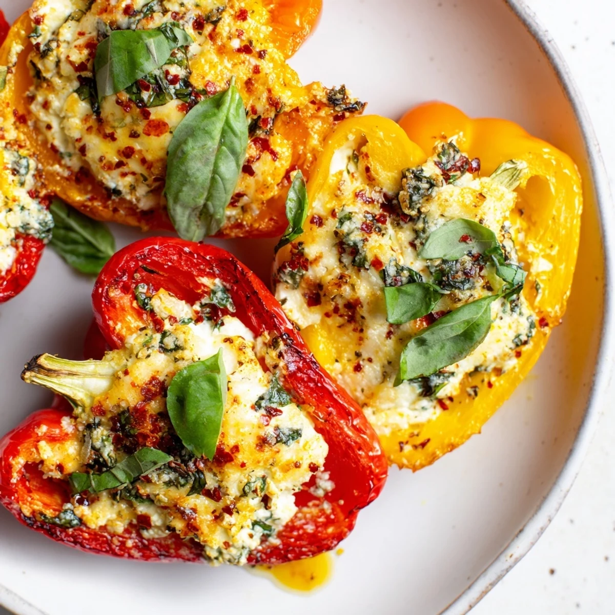 Ricotta Stuffed Peppers with tender bell peppers, fresh herbs, and golden Parmesan topping served on a white plate.
