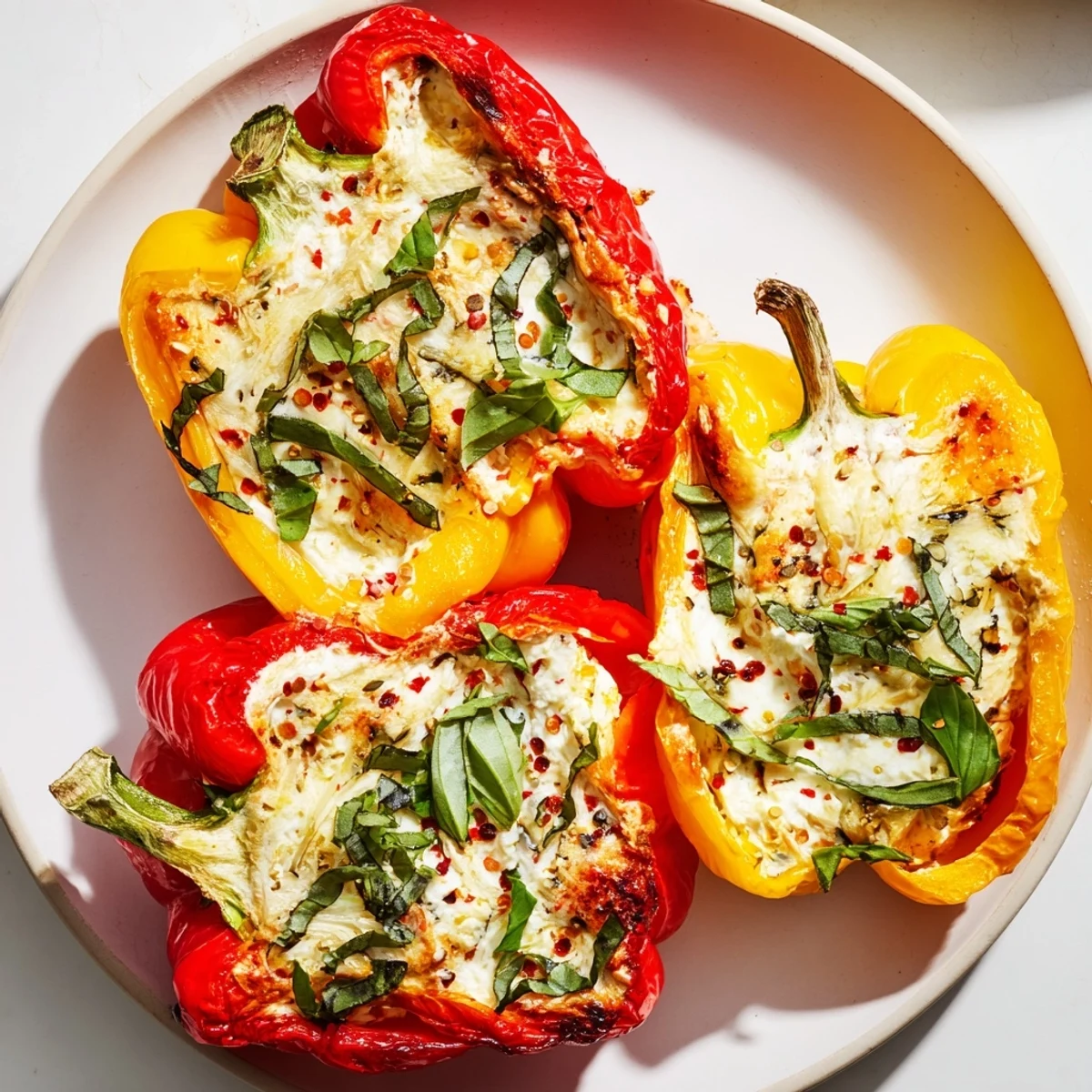 Fresh basil garnishes these Ricotta Stuffed Peppers, highlighting the creamy ricotta and golden baked pepper halves in Italian style.