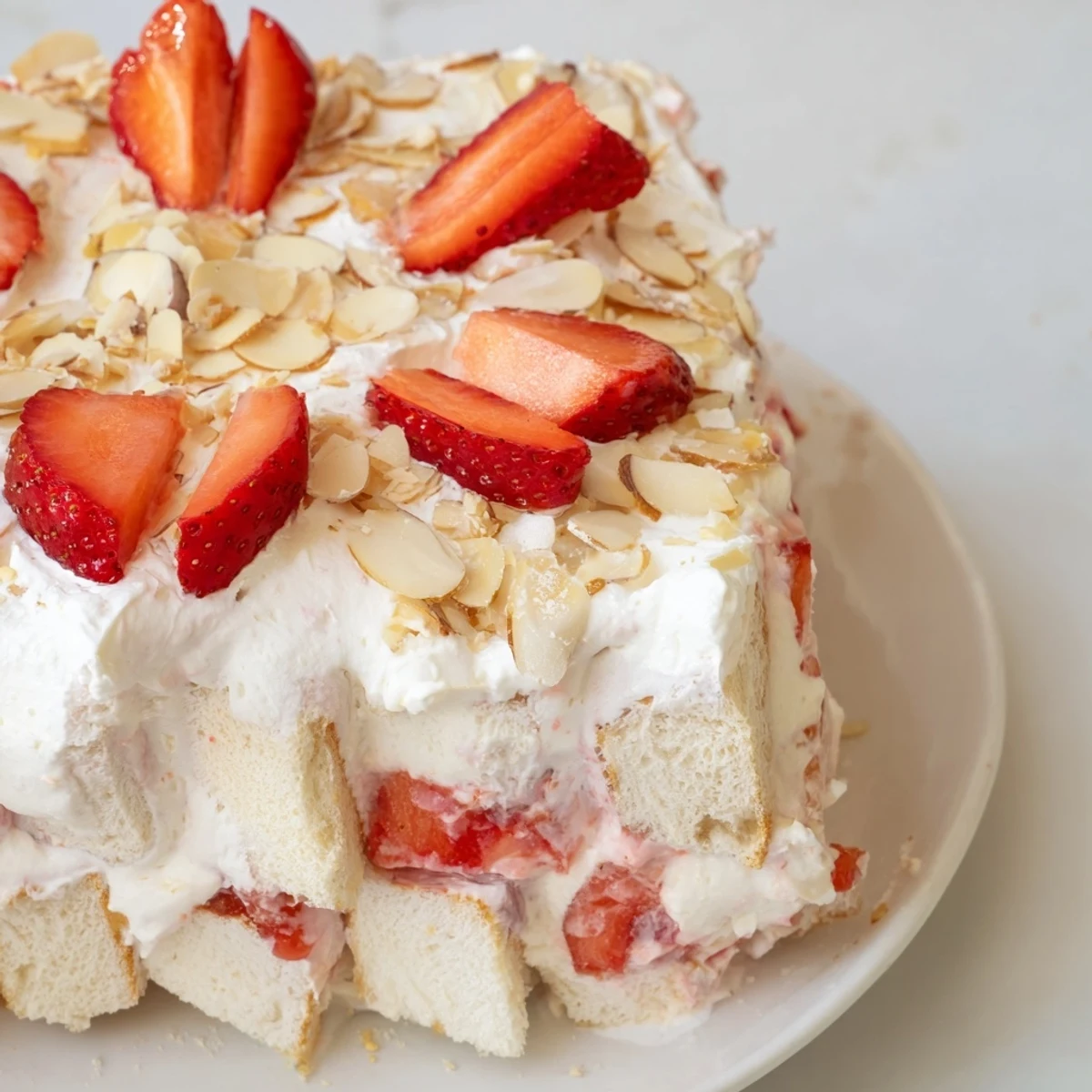 A chilled slice of Heaven on Earth Cake with fluffy angel food cake and creamy vanilla pudding layers.  