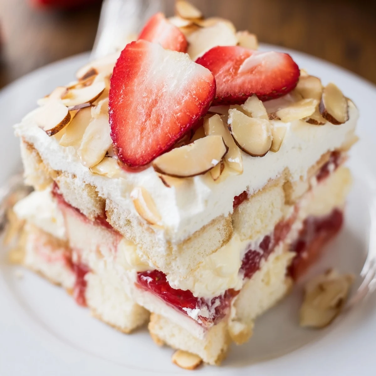 Summer dessert Heaven on Earth Cake with light cake cubes and strawberry filling, ready to serve chilled.