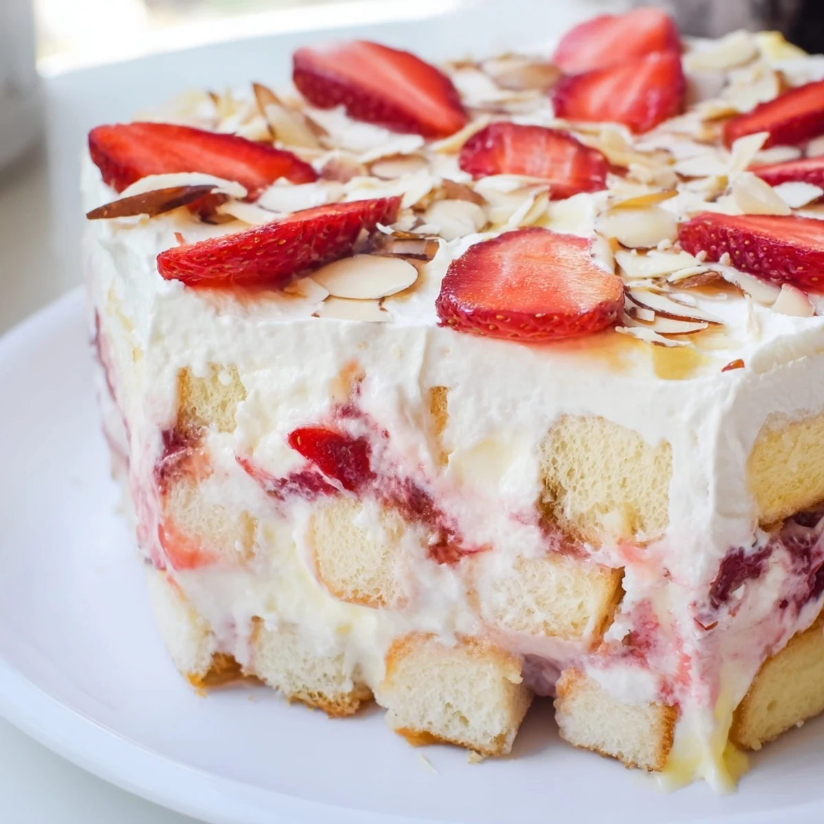 Heaven on Earth Cake displayed in a glass trifle dish topped with fresh strawberry slices and sliced almonds.  