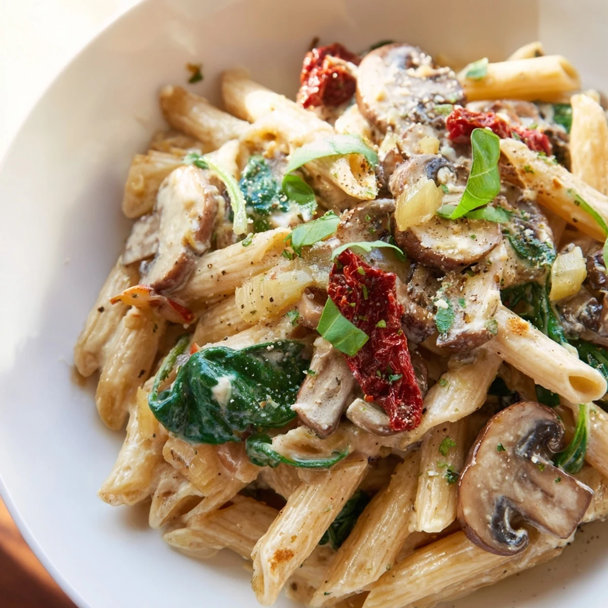 Creamy Tuscan Mushroom Pasta Skillet with tender mushrooms and wilted spinach in a rich Parmesan sauce.