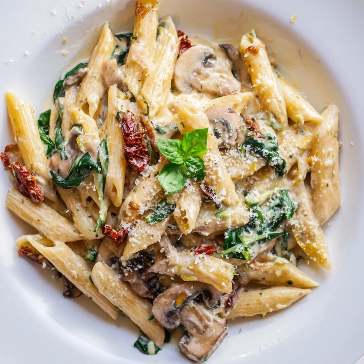 One-pan Creamy Tuscan Mushroom Pasta Skillet served with crusty bread, perfect for a cozy vegetarian dinner.