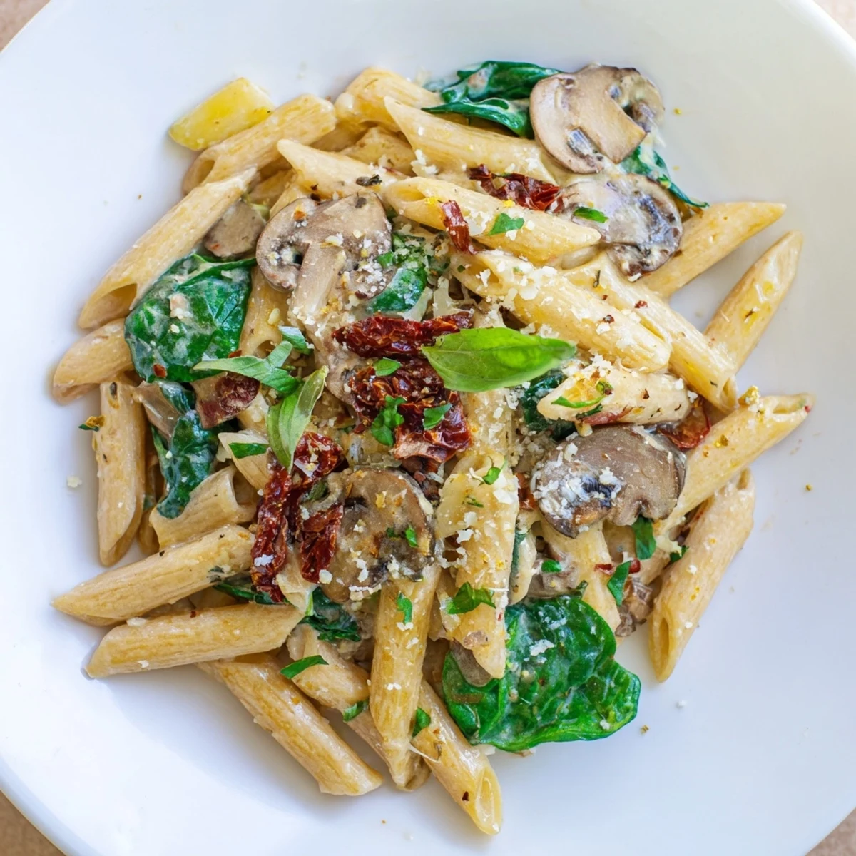 A vibrant skillet of Creamy Tuscan Mushroom Pasta Skillet garnished with fresh basil and sun-dried tomatoes.