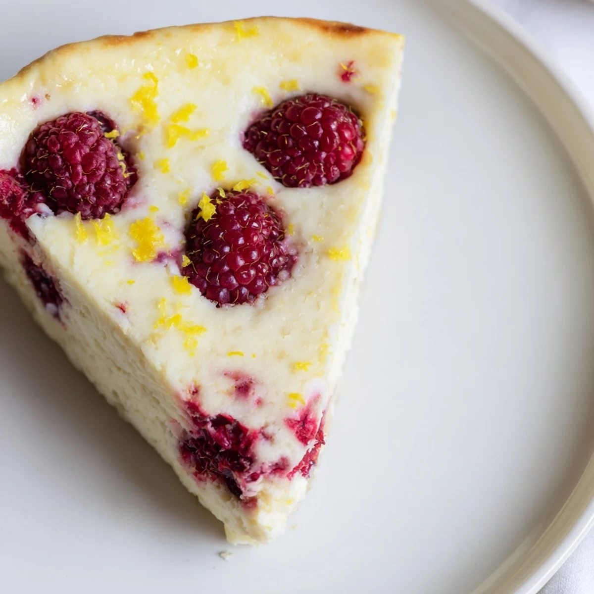 A slice of Lemon Raspberry Cottage Cheese Bake with golden edges and fresh berry garnish on a white plate.
