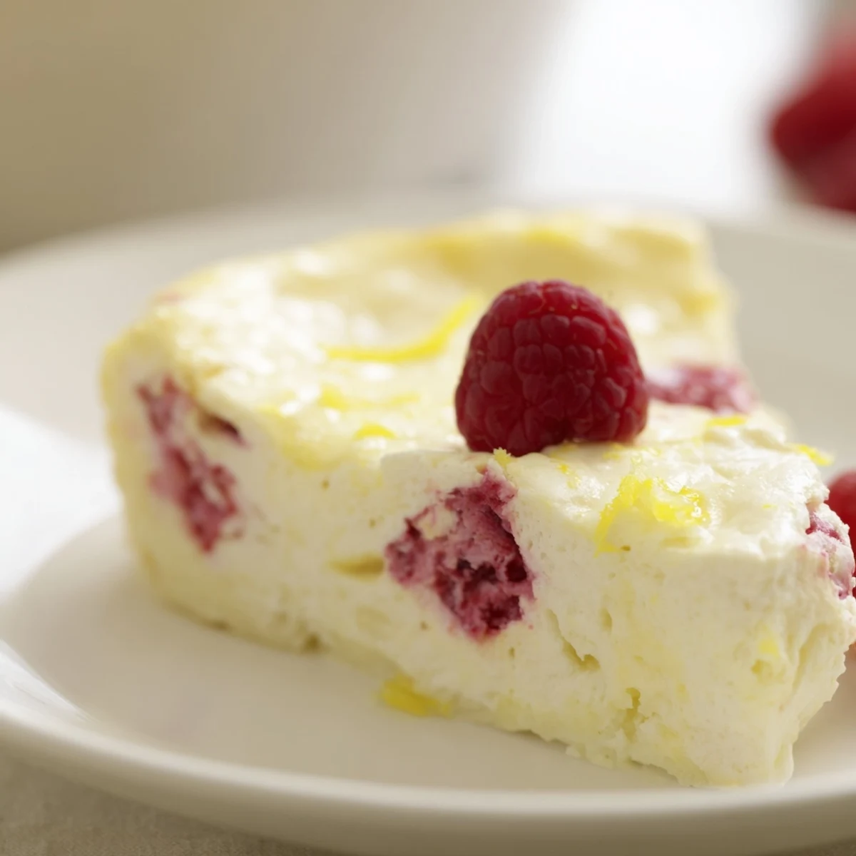 Lemon Raspberry Cottage Cheese Bake shows creamy texture, vibrant raspberries, and powdered sugar dusting for serving.