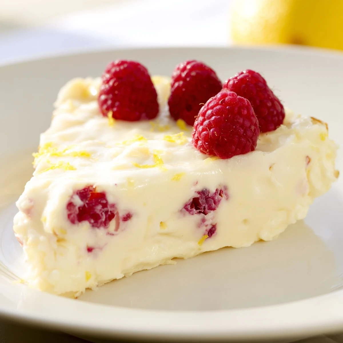 A fork lifts a bite of Lemon Raspberry Cottage Cheese Bake beside a cup of coffee at brunch.