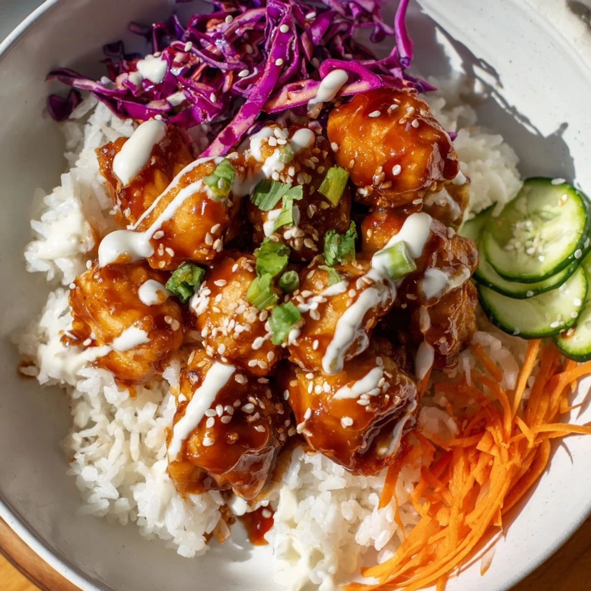 Close-up of the Marry Me Sweet Chili Chicken Bowl with Coconut Lime Drizzle, featuring glossy glazed chicken, crunchy purple cabbage, and fresh cilantro garnish.
