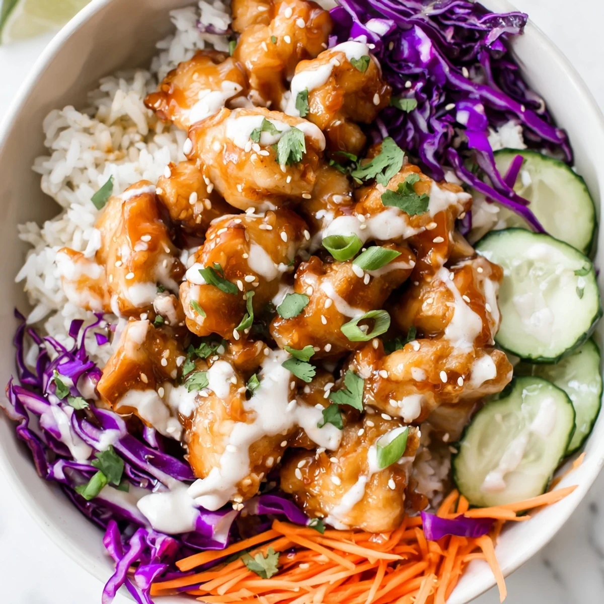 The Marry Me Sweet Chili Chicken Bowl with Coconut Lime Drizzle shows fluffy jasmine rice topped with vibrant carrots and cucumbers beside a lime wedge.