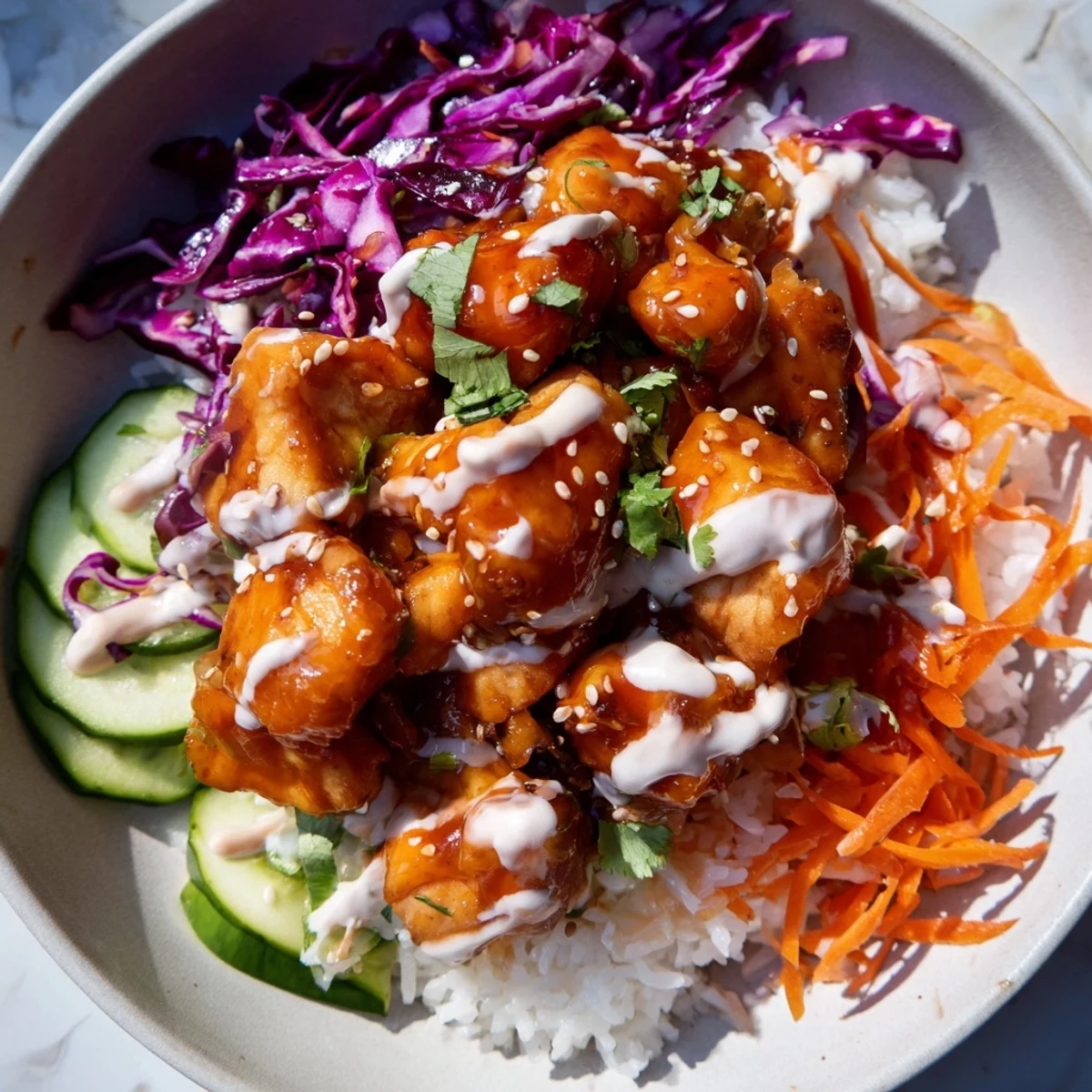 Serving suggestion for the Marry Me Sweet Chili Chicken Bowl with Coconut Lime Drizzle, drizzled over colorful vegetables and finished with toasted sesame seeds.