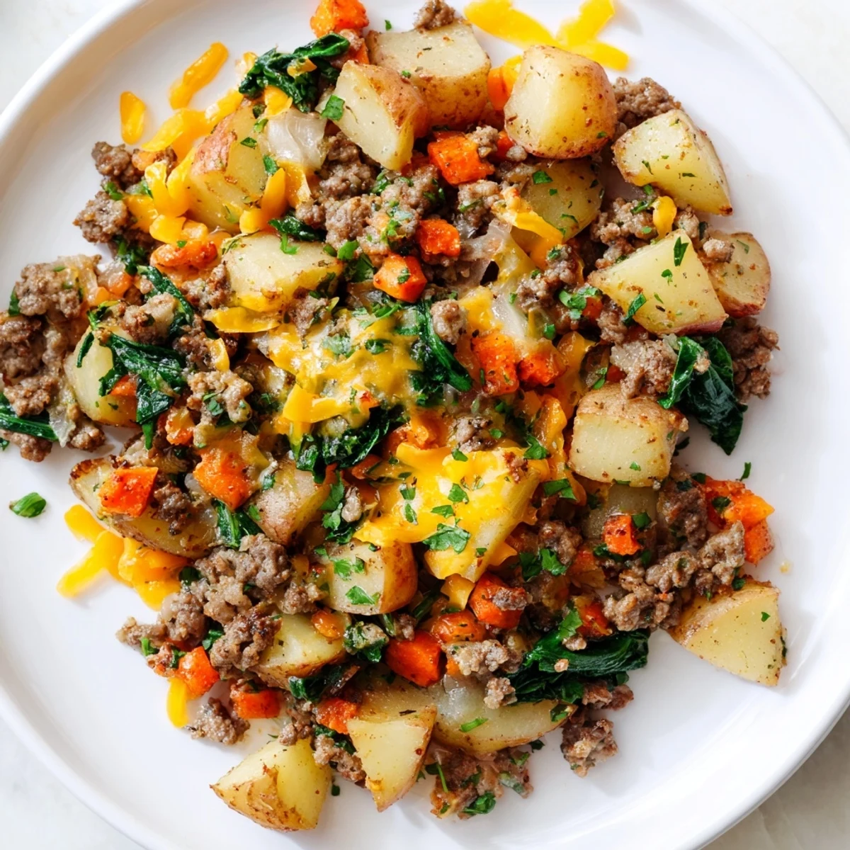 Steamed potatoes and savory lean ground beef simmer in a rich beef broth with onions, carrots, and wilted spinach.