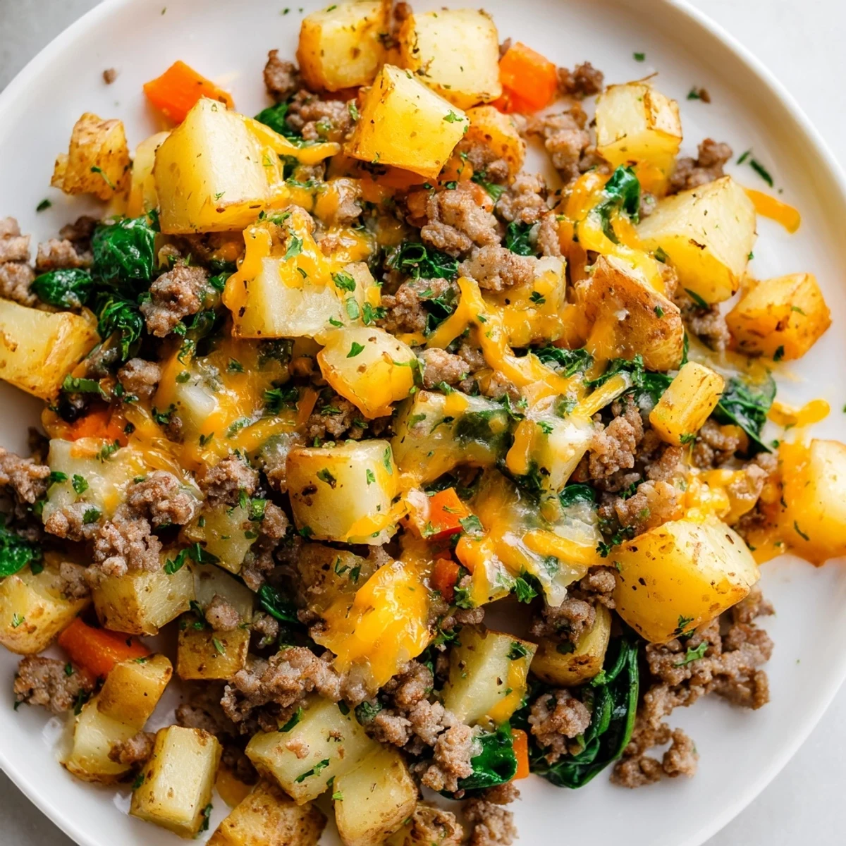 Hearty High Protein Ground Beef and Potatoes topped with melted cheddar, fresh parsley, and a spoonful ready to serve.