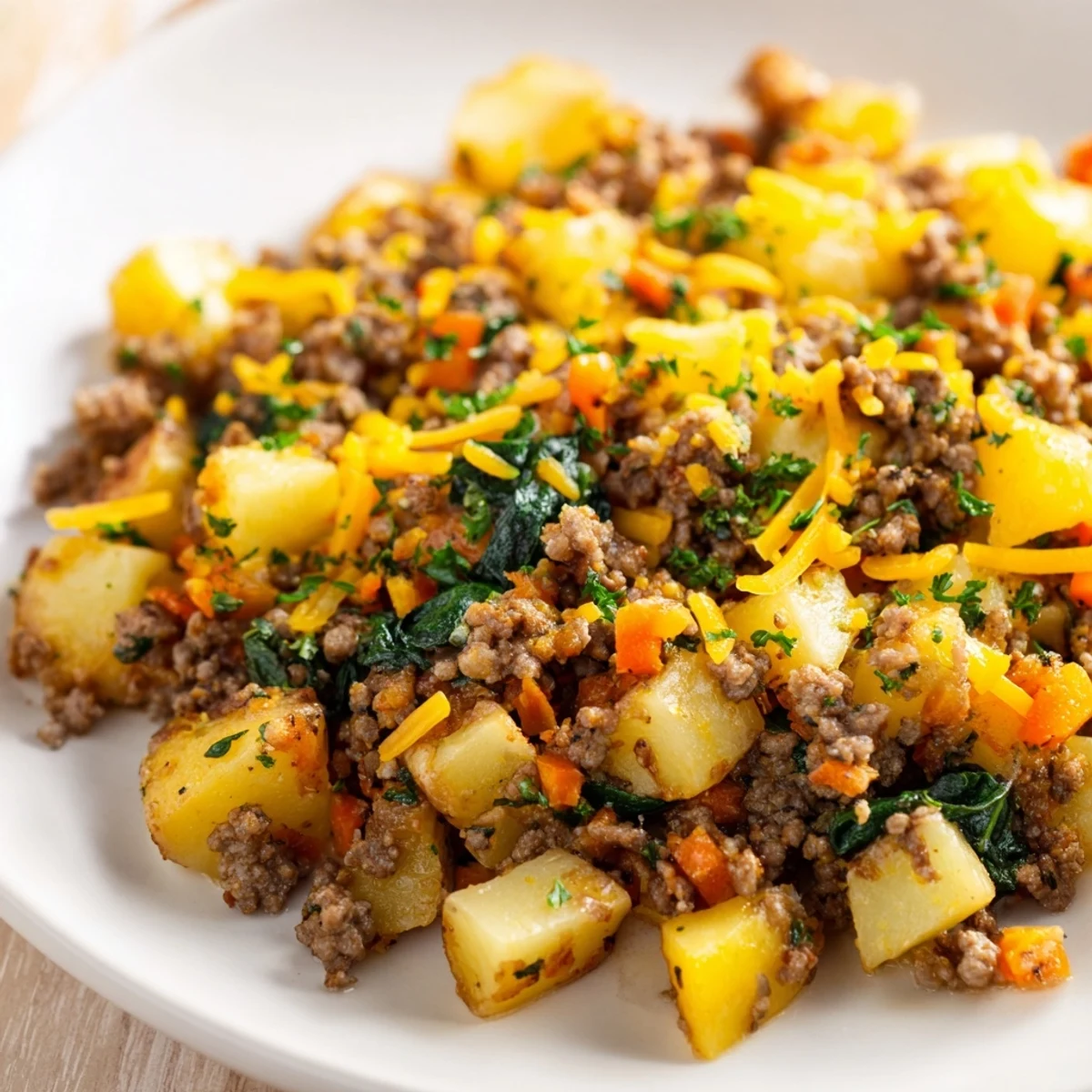 Lean ground beef and tender russet potatoes cook with onions and carrots in a smoky paprika beef broth.