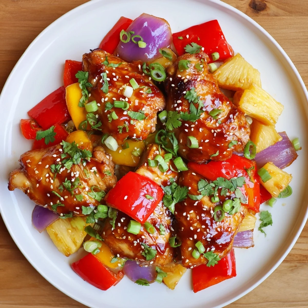 Golden-brown chicken breasts roast with vibrant red bell peppers and sweet pineapple chunks on a parchment-lined sheet pan, drizzled with a glossy, tangy Hawaiian sauce.
