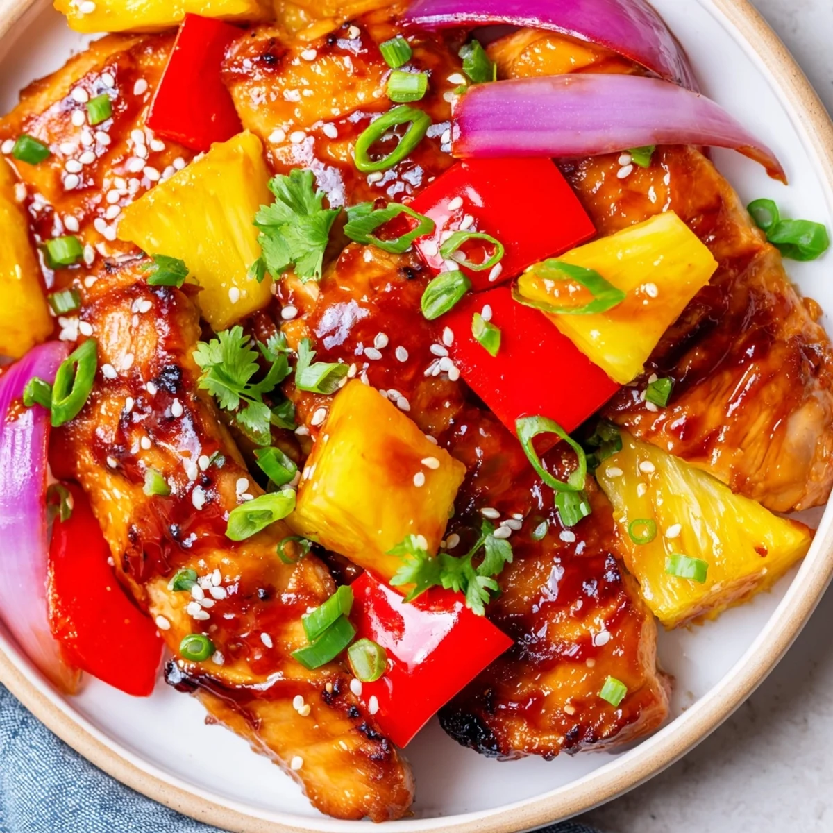 A close-up view of the Marry Me Sheet Pan Hawaiian Chicken reveals juicy chicken thighs and roasted pineapple wedges coated in a sticky, sweet-and-savory glaze.